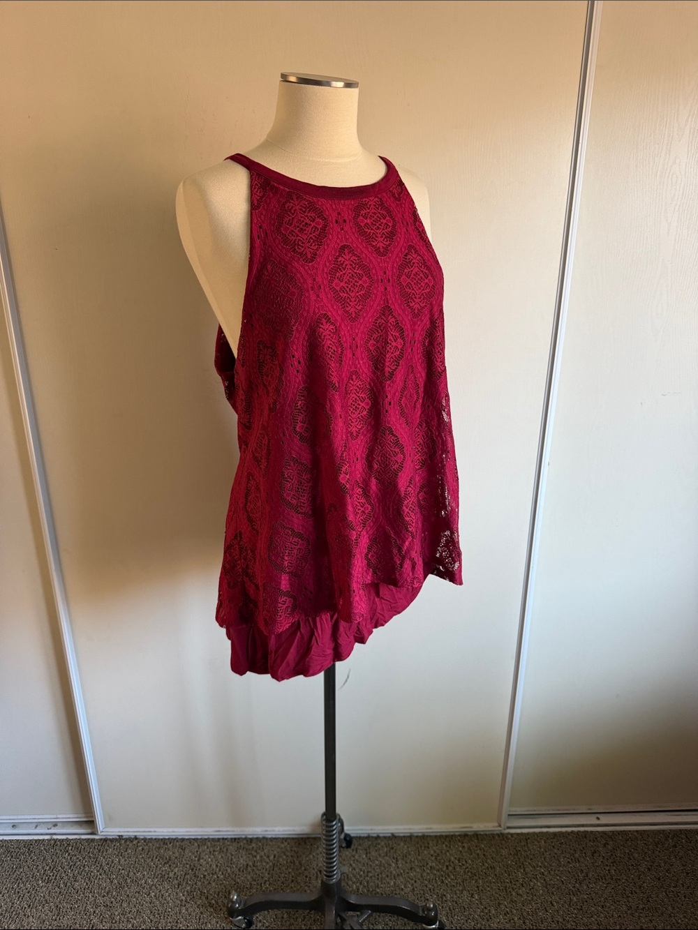 Dark red lace overlay tank